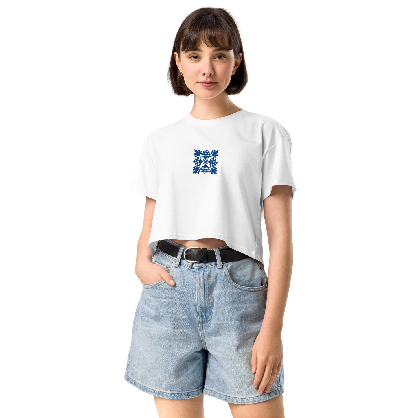 Hawaiian Blue Quilt Embroidered Women’s Crop Top-T-Shirt-Bits of Aloha