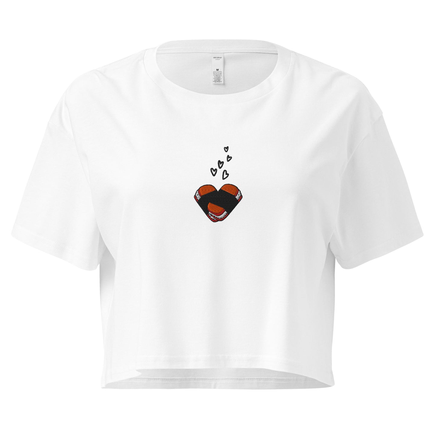 Musubi Heart Embroidered Crop Top – Hawaiian Tee for Musubi Lovers-T-Shirt-Bits of Aloha