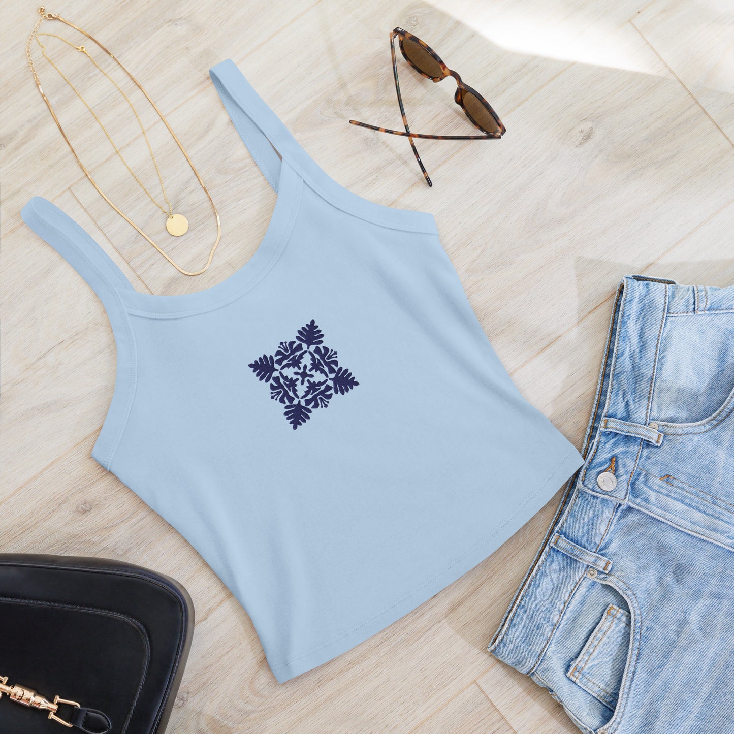 Hawaiian Blue Quilt Embroidered Rib Tank Top-Tank Top-Bits of Aloha