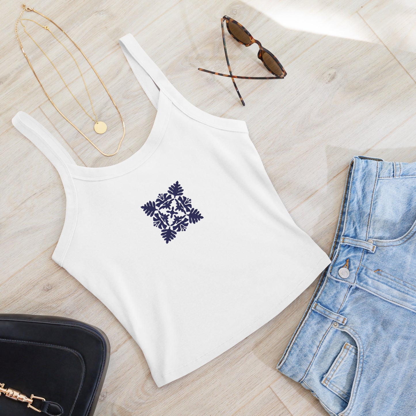 Hawaiian Blue Quilt Embroidered Rib Tank Top-Tank Top-Bits of Aloha