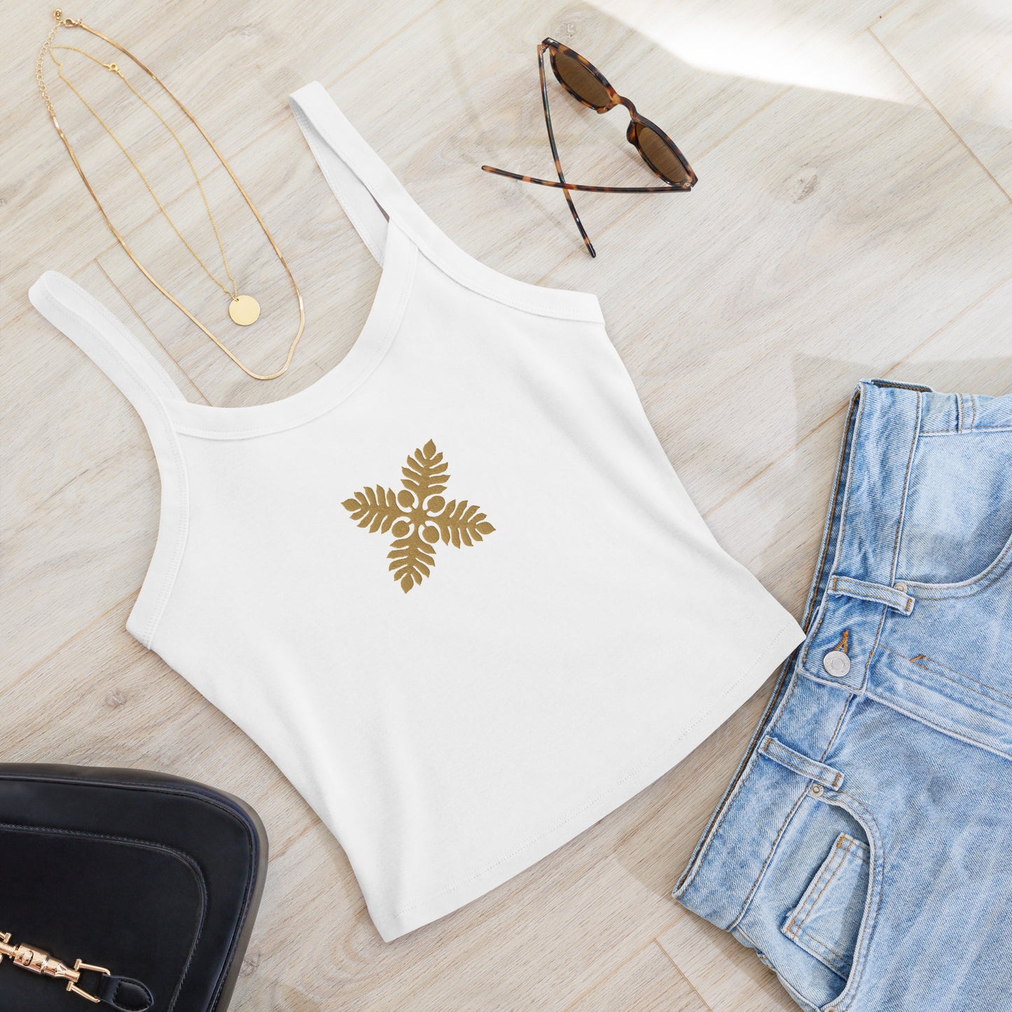 Hawaiian Breadfruit Quilt Embroidered Rib Tank Top-Tank Top-Bits of Aloha