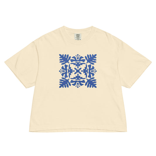 Hawaiian Royal Blue Quilt Boxy Tee – Garment-Dyed Aloha-Inspired T-Shirt-T-Shirt-Bits of Aloha