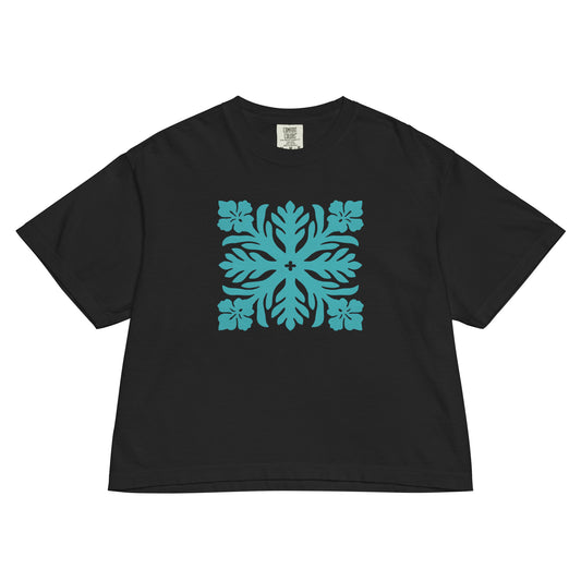 Hawaiian Seafoam Hibiscus Quilt Boxy Tee – Garment-Dyed Aloha-Inspired T-Shirt-T-Shirt-Bits of Aloha