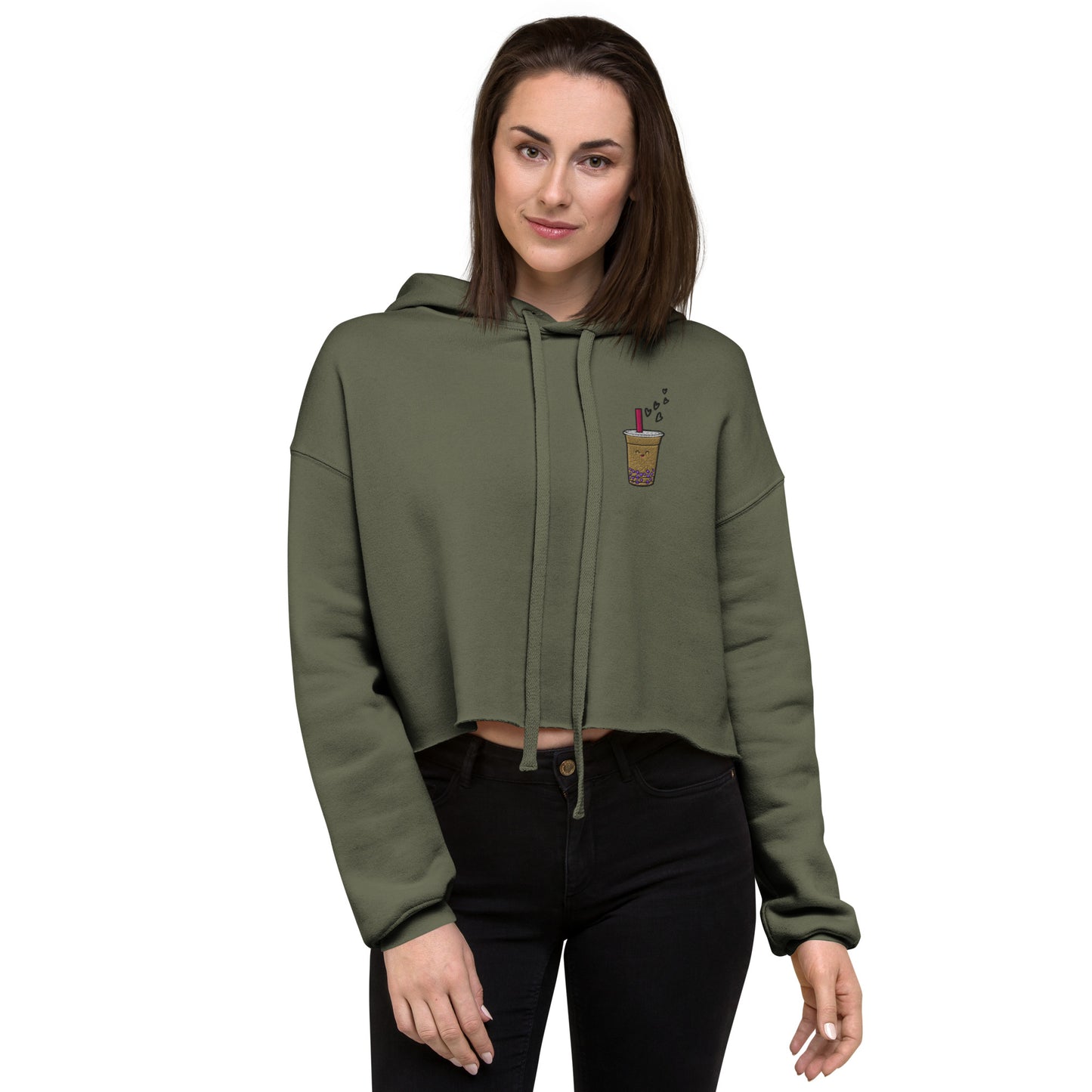 Bubble Tea Lover Embroidered Premium Crop Hoodie-Hoodie-Bits of Aloha