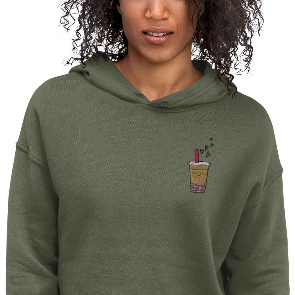 Bubble Tea Lover Embroidered Premium Crop Hoodie-Hoodie-Bits of Aloha