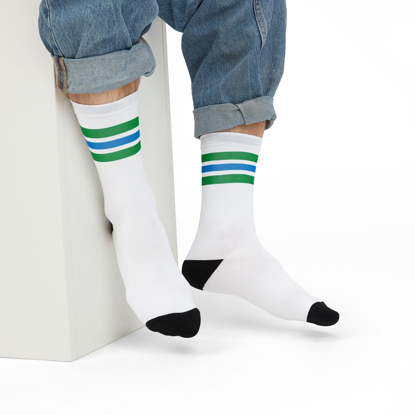 Konbini Fam Crew Sock | Green and Blue Striped Japanese-Inspired Socks