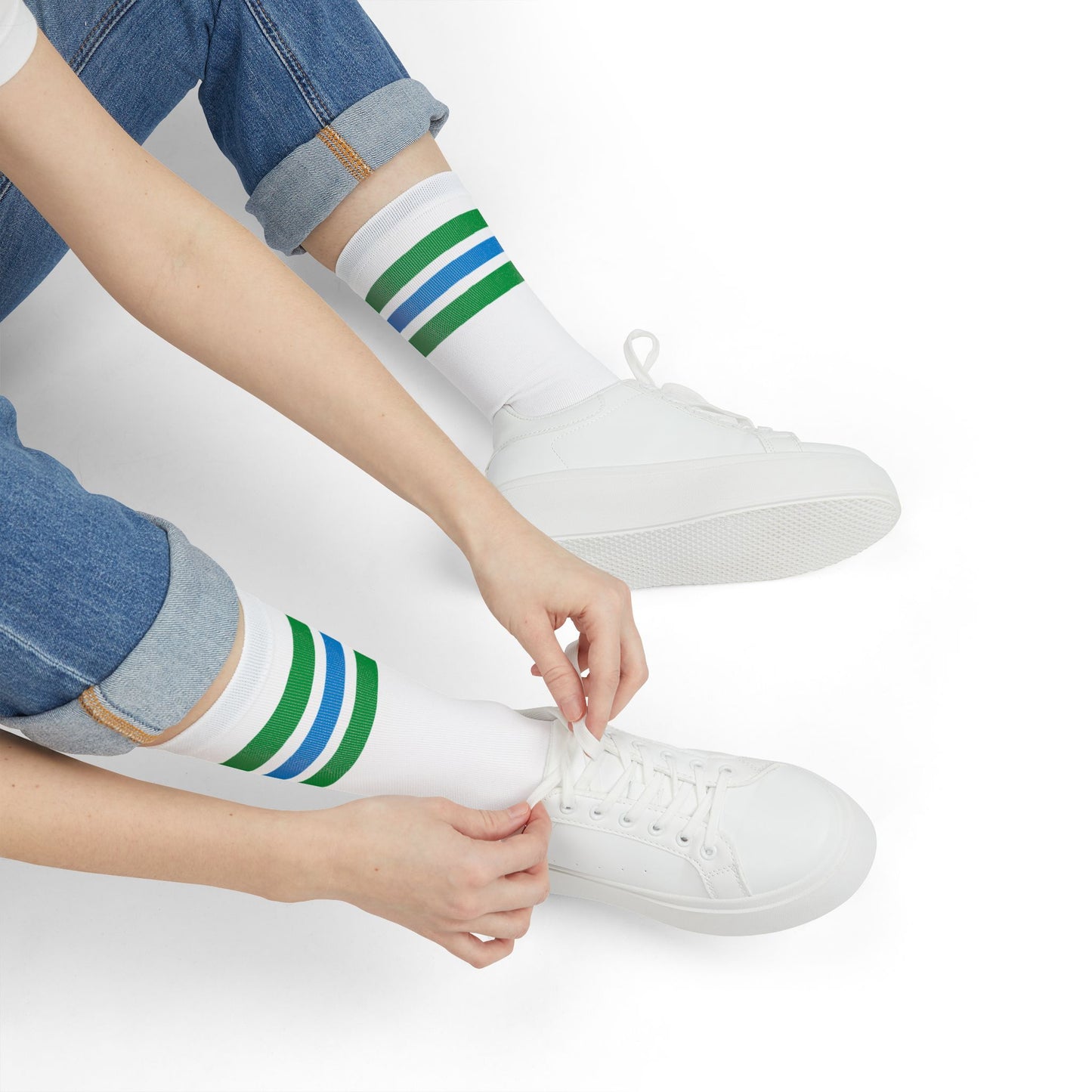 Konbini Fam Crew Sock | Green and Blue Striped Japanese-Inspired Socks