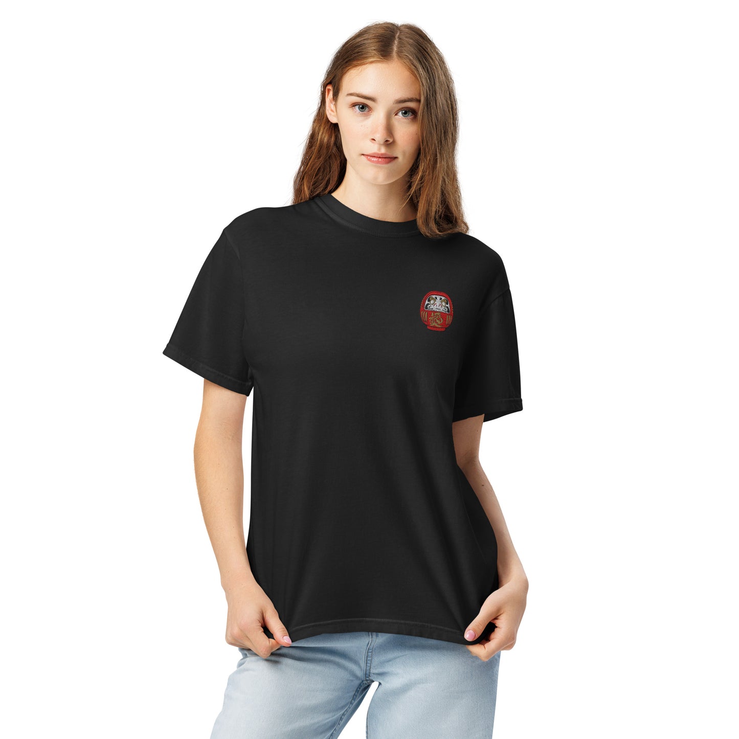 Embroidered Daruma Doll T-Shirt: Japanese Symbolism, Heavyweight Cotton Tee-T-Shirt-Bits of Aloha