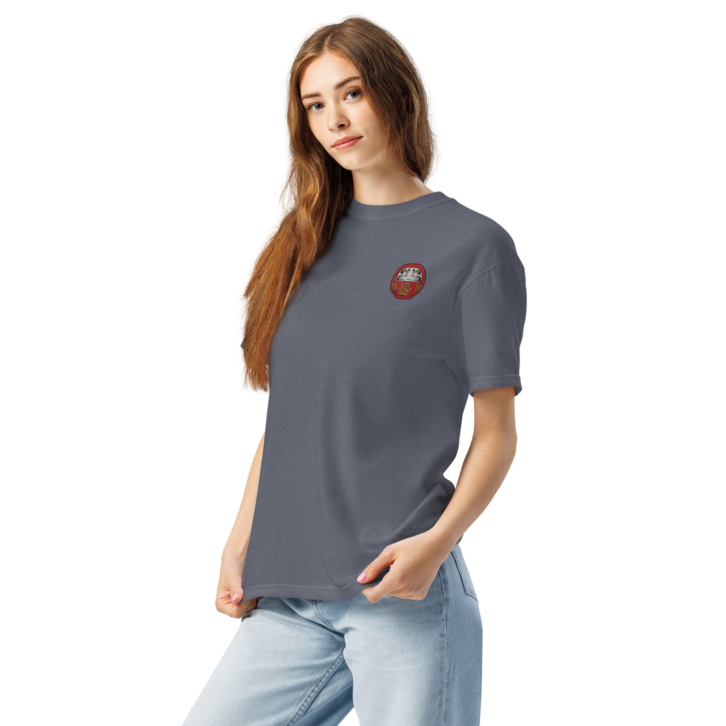 Embroidered Daruma Doll T-Shirt: Japanese Symbolism, Heavyweight Cotton Tee-T-Shirt-Bits of Aloha