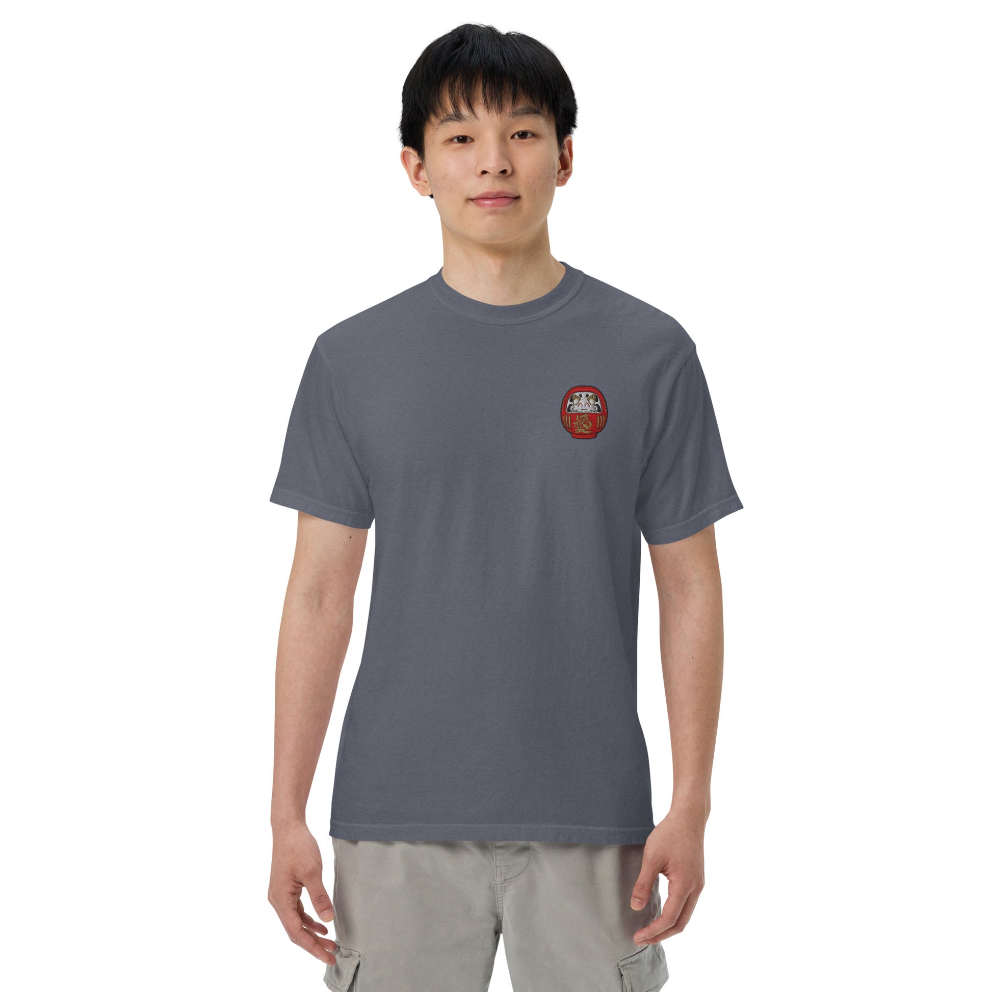 Embroidered Daruma Doll T-Shirt: Japanese Symbolism, Heavyweight Cotton Tee-T-Shirt-Bits of Aloha