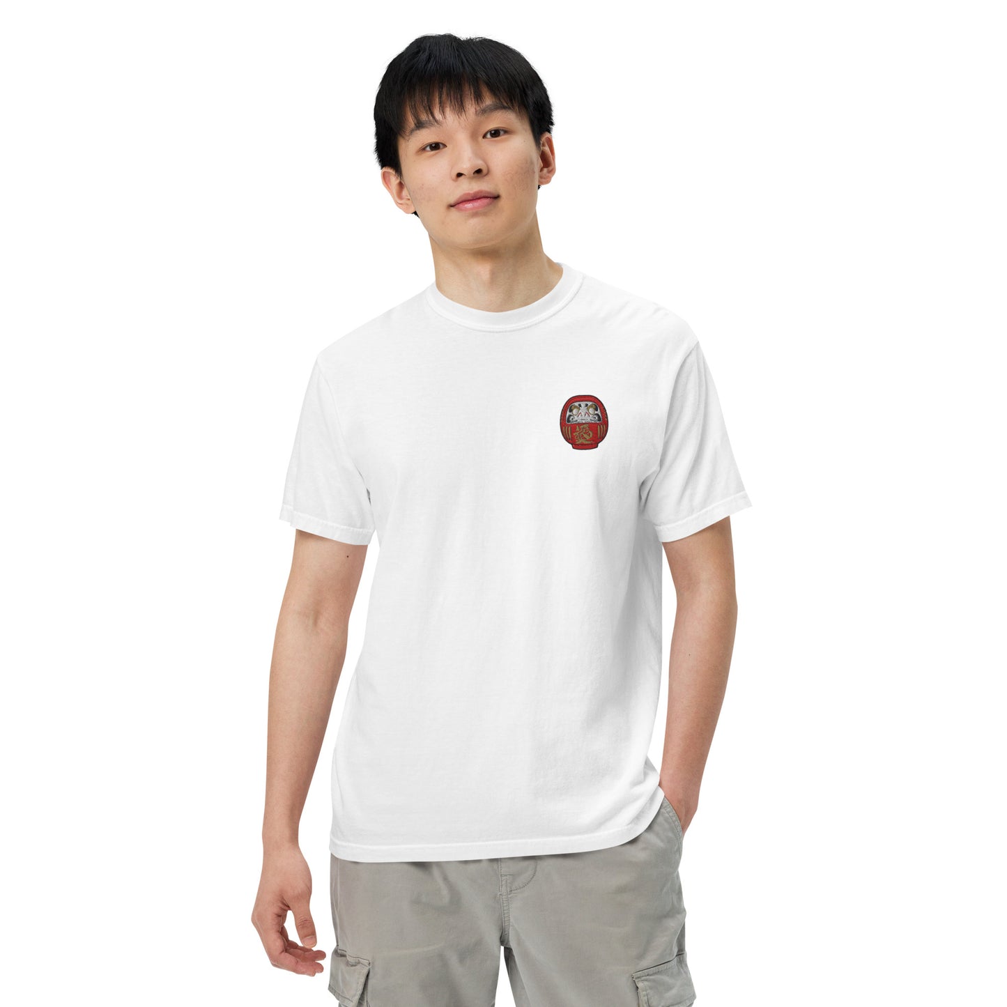 Embroidered Daruma Doll T-Shirt: Japanese Symbolism, Heavyweight Cotton Tee-T-Shirt-Bits of Aloha