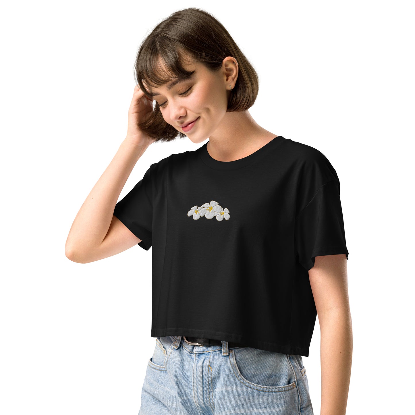 Hawaii Plumeria Embroidered Crop Top-T-Shirt-Bits of Aloha