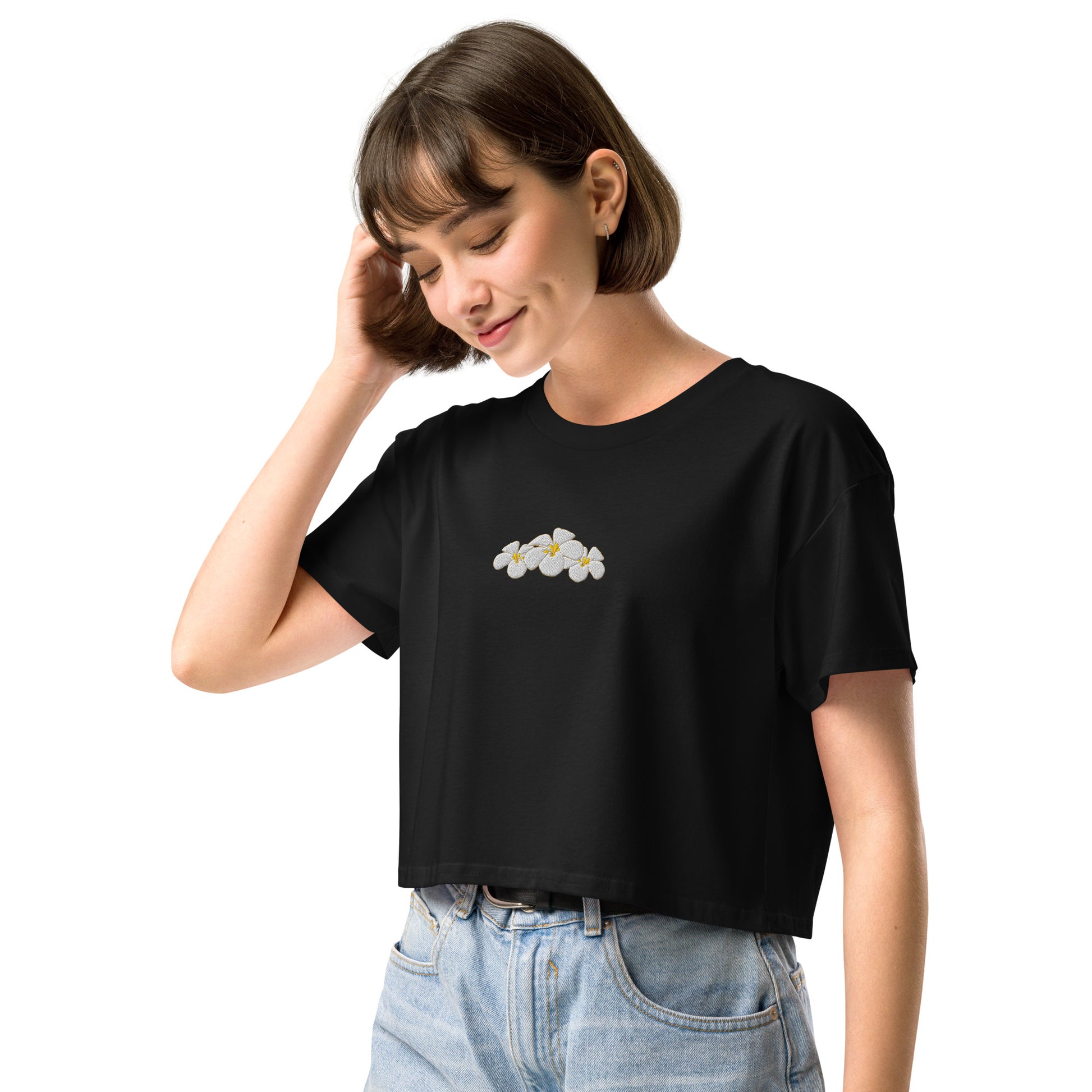 Hawaii Plumeria Embroidered Crop Top-T-Shirt-Bits of Aloha