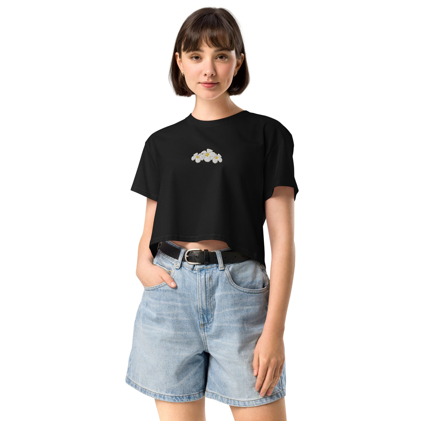 Hawaii Plumeria Embroidered Crop Top-T-Shirt-Bits of Aloha