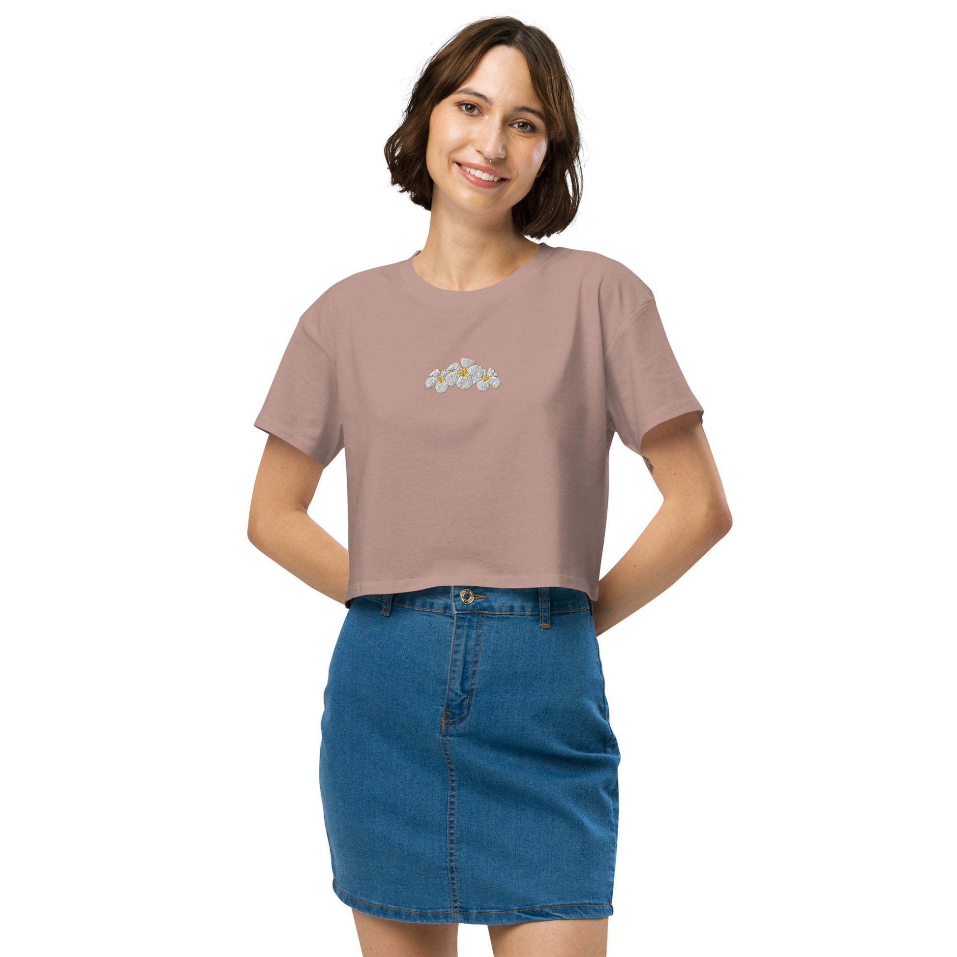 Hawaii Plumeria Embroidered Crop Top-T-Shirt-Bits of Aloha