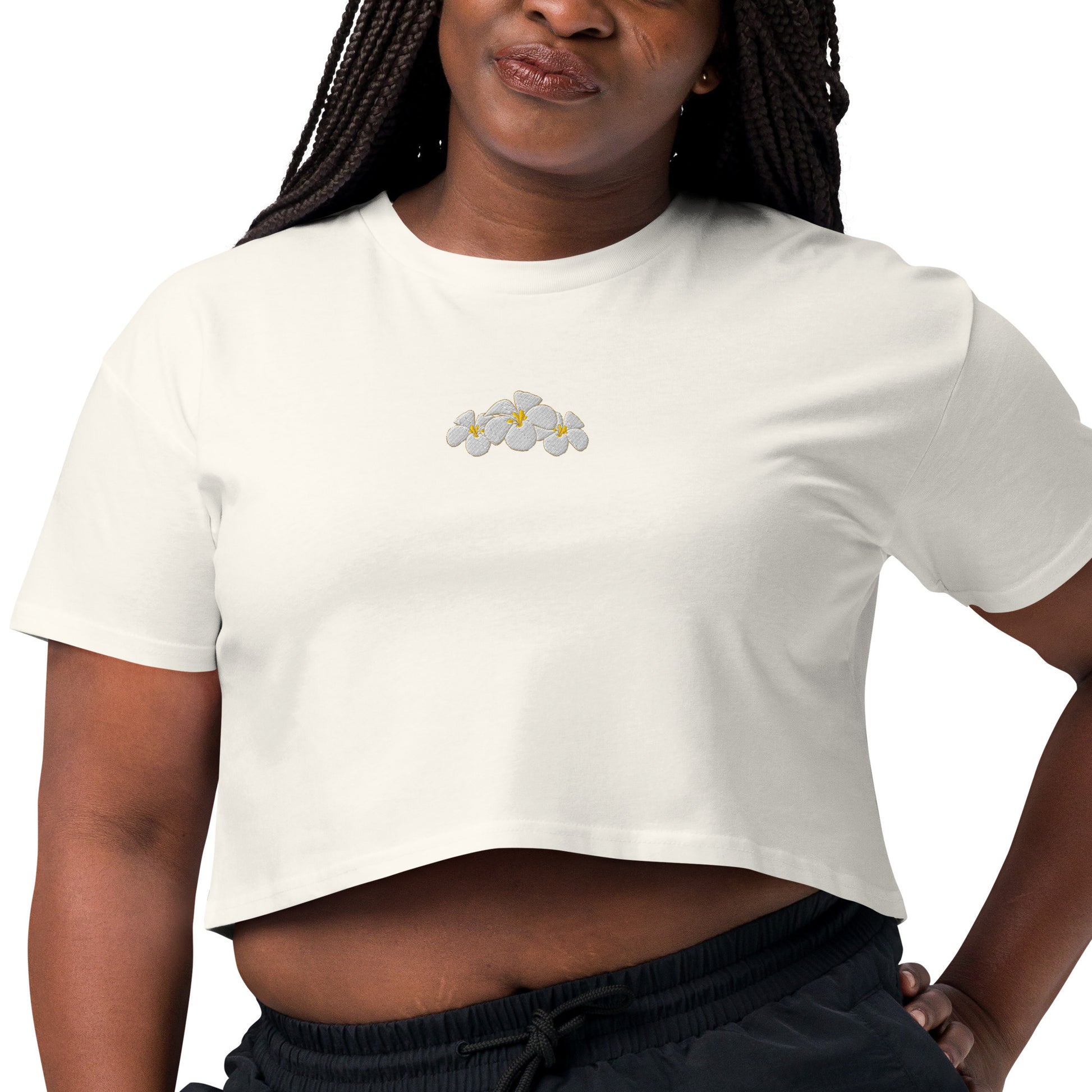 Hawaii Plumeria Embroidered Crop Top-T-Shirt-Bits of Aloha