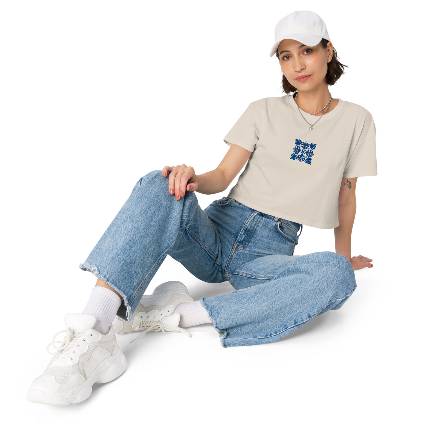 Hawaiian Blue Quilt Embroidered Women’s Crop Top-T-Shirt-Bits of Aloha