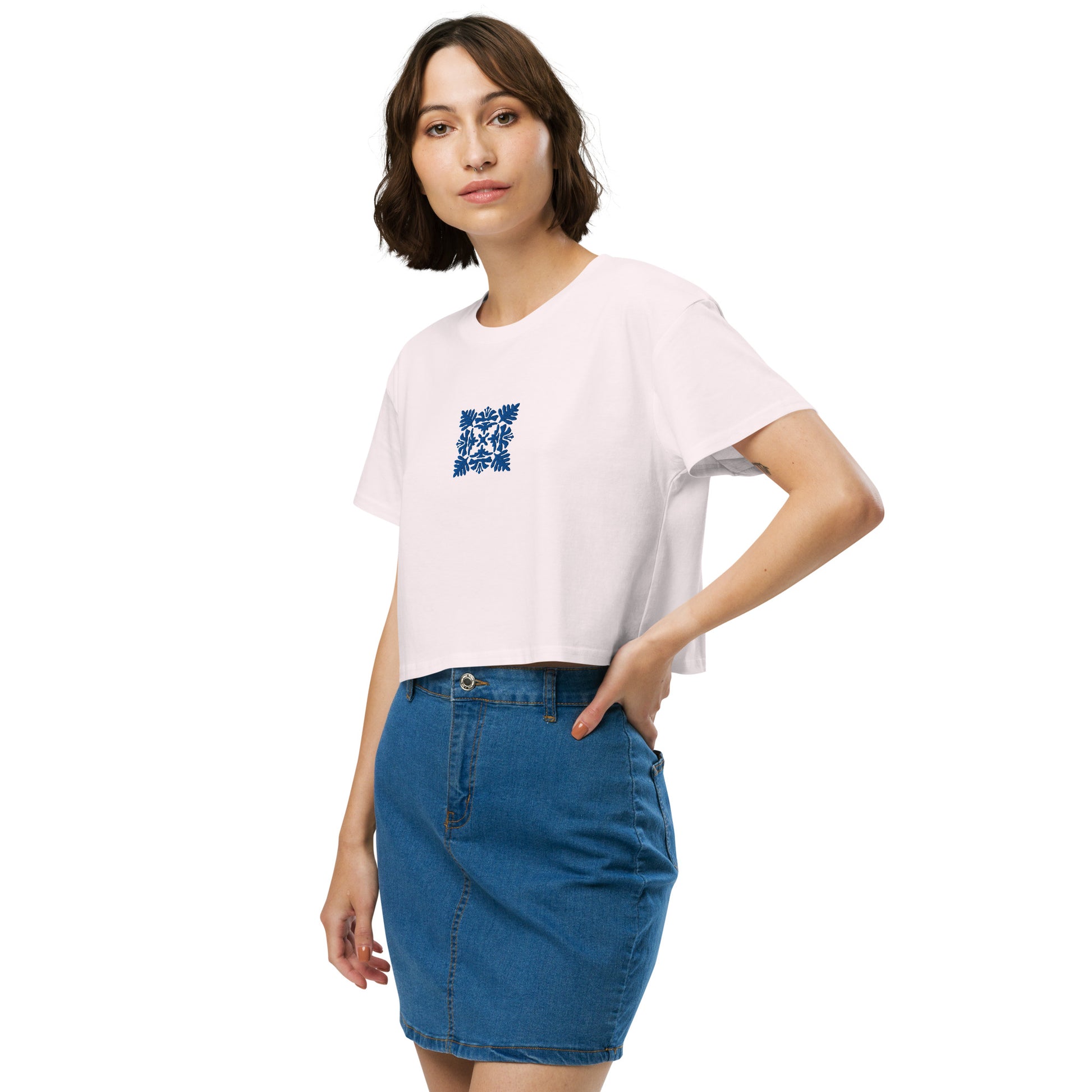 Hawaiian Blue Quilt Embroidered Women’s Crop Top-T-Shirt-Bits of Aloha