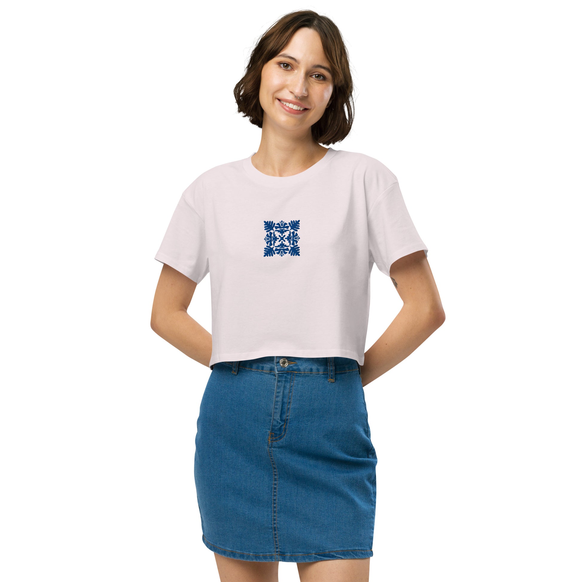 Hawaiian Blue Quilt Embroidered Women’s Crop Top-T-Shirt-Bits of Aloha
