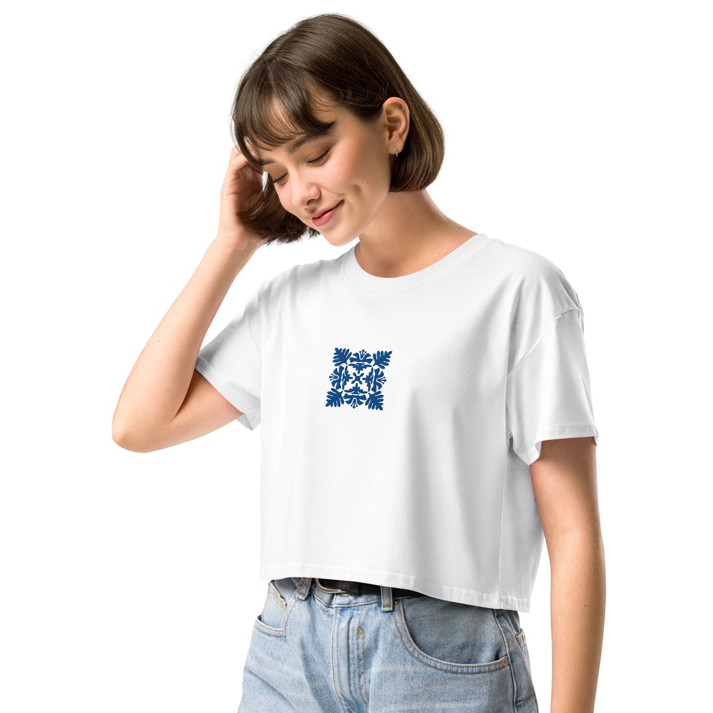Hawaiian Blue Quilt Embroidered Women’s Crop Top-T-Shirt-Bits of Aloha