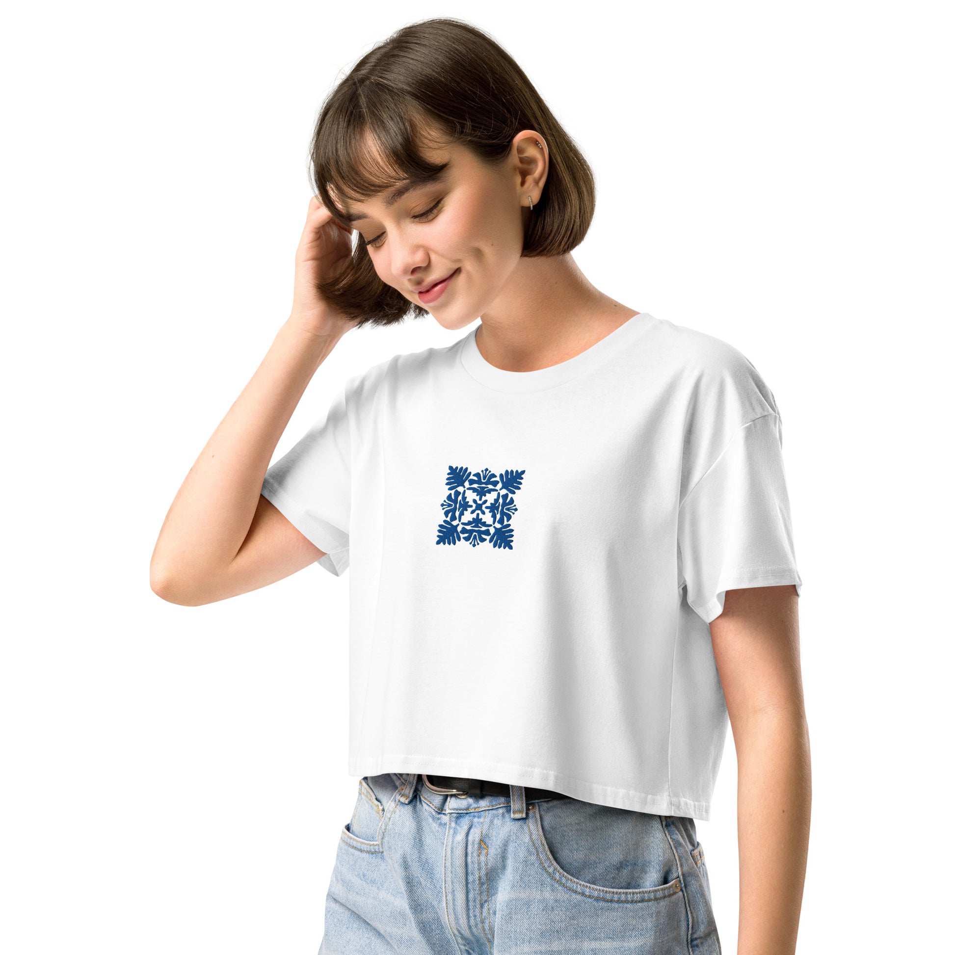 Hawaiian Blue Quilt Embroidered Women’s Crop Top-T-Shirt-Bits of Aloha