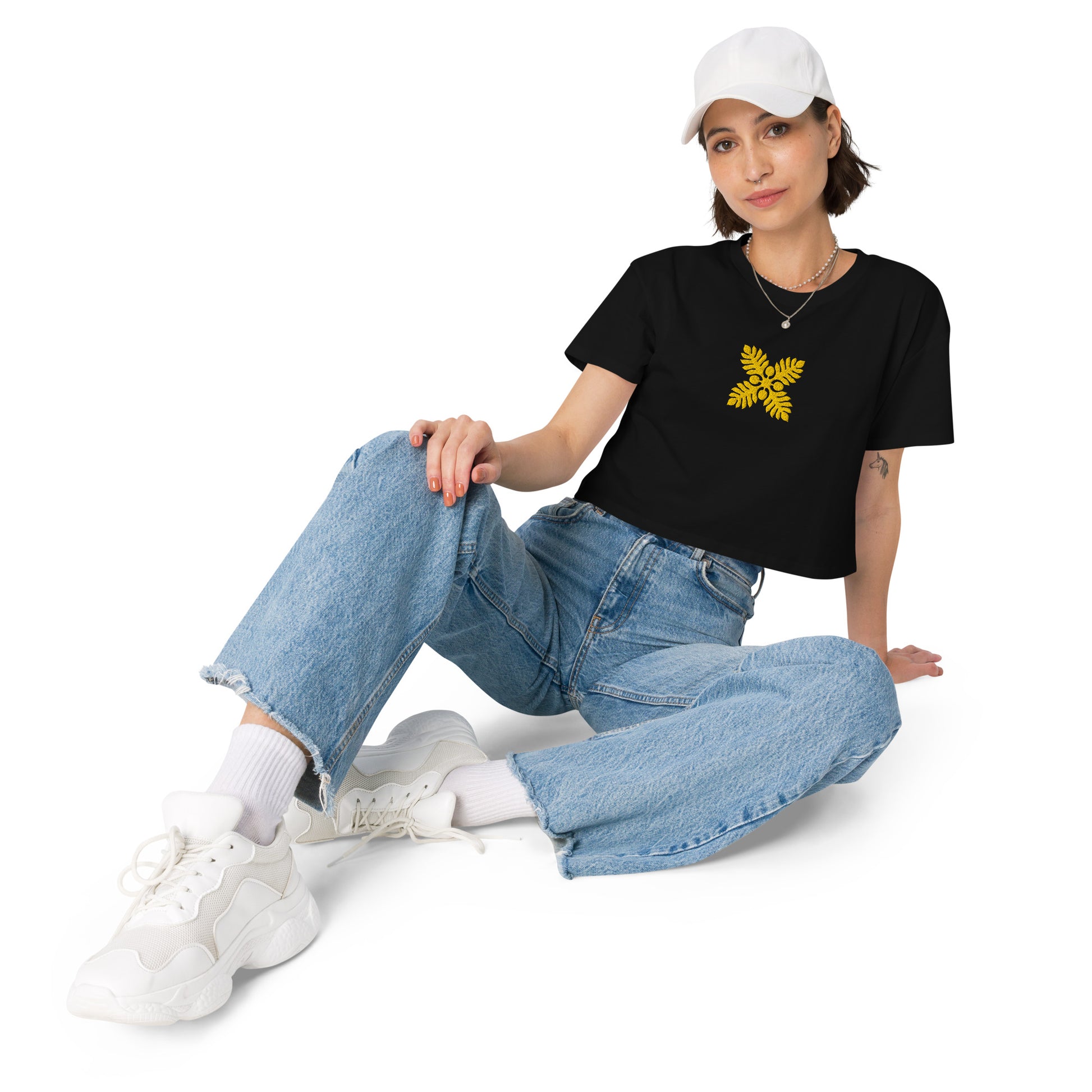 Hawaiian Breadfruit Quilt Embroidered Women’s Crop Top-T-Shirt-Bits of Aloha