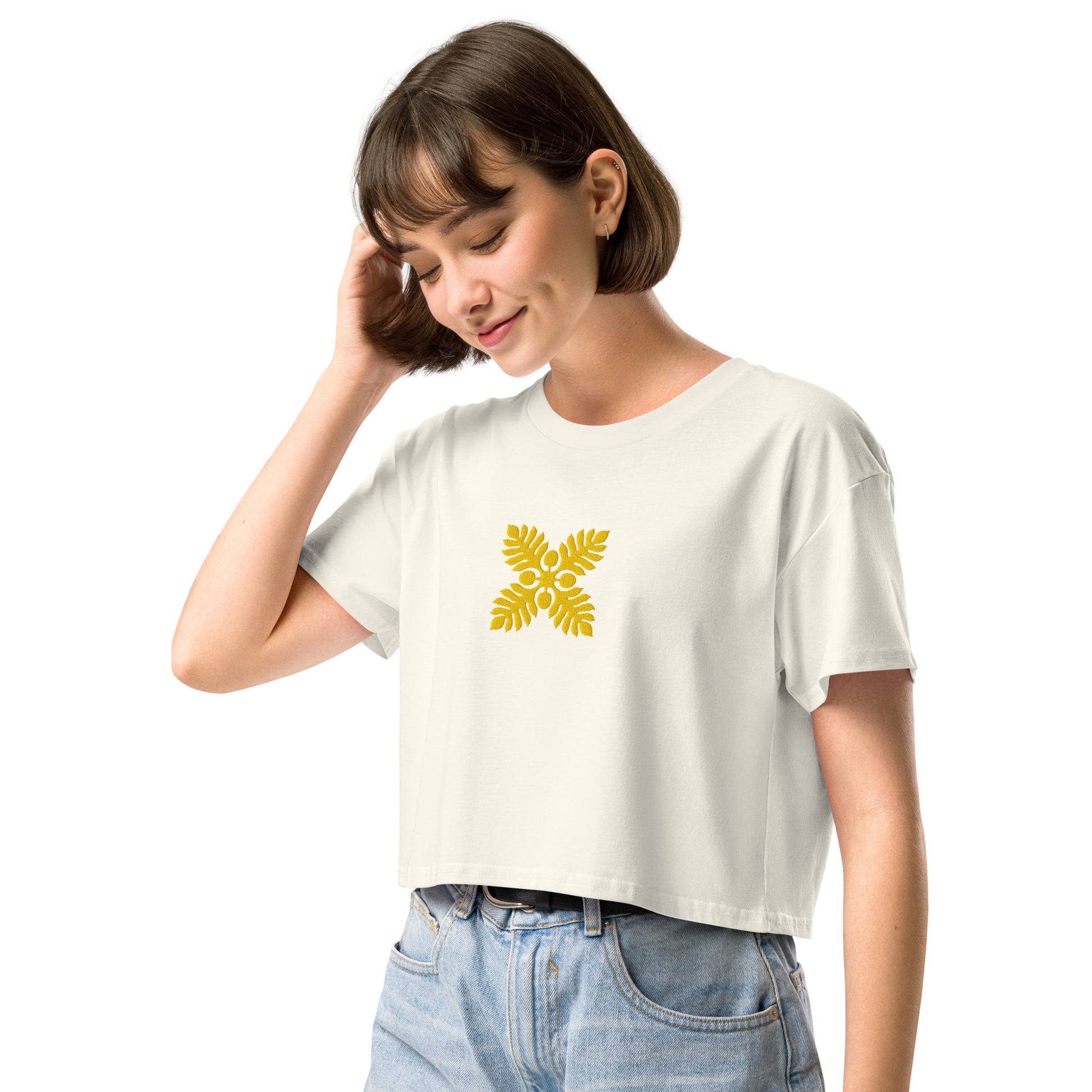 Hawaiian Breadfruit Quilt Embroidered Women’s Crop Top-T-Shirt-Bits of Aloha