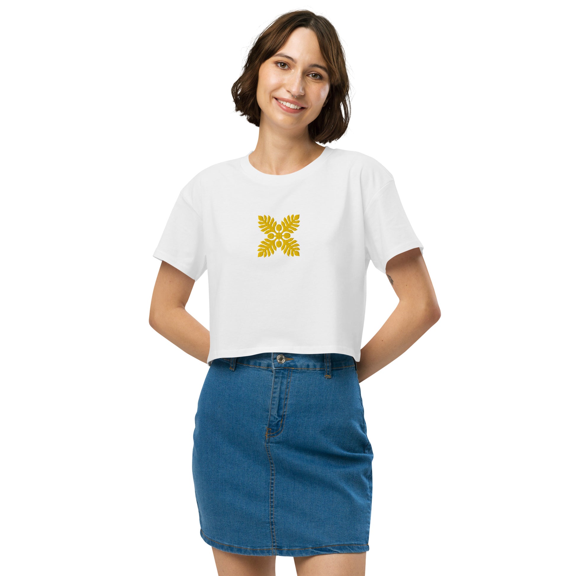 Hawaiian Breadfruit Quilt Embroidered Women’s Crop Top-T-Shirt-Bits of Aloha