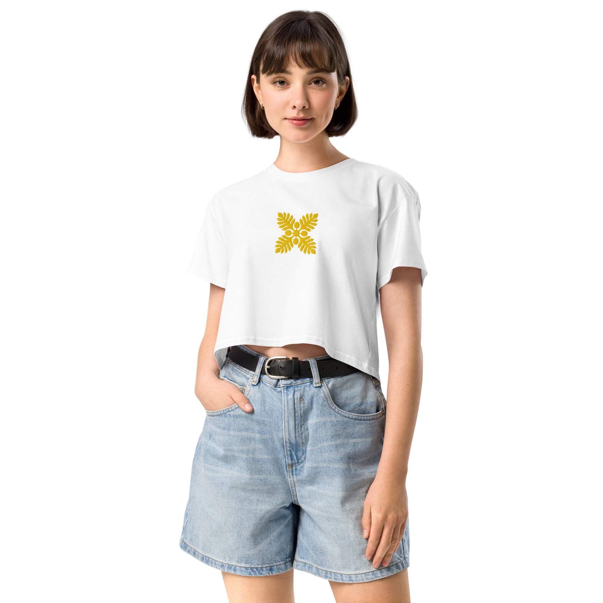 Hawaiian Breadfruit Quilt Embroidered Women’s Crop Top-T-Shirt-Bits of Aloha