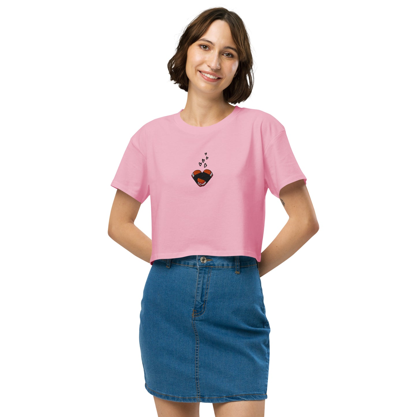 Musubi Heart Embroidered Crop Top – Hawaiian Tee for Musubi Lovers-T-Shirt-Bits of Aloha