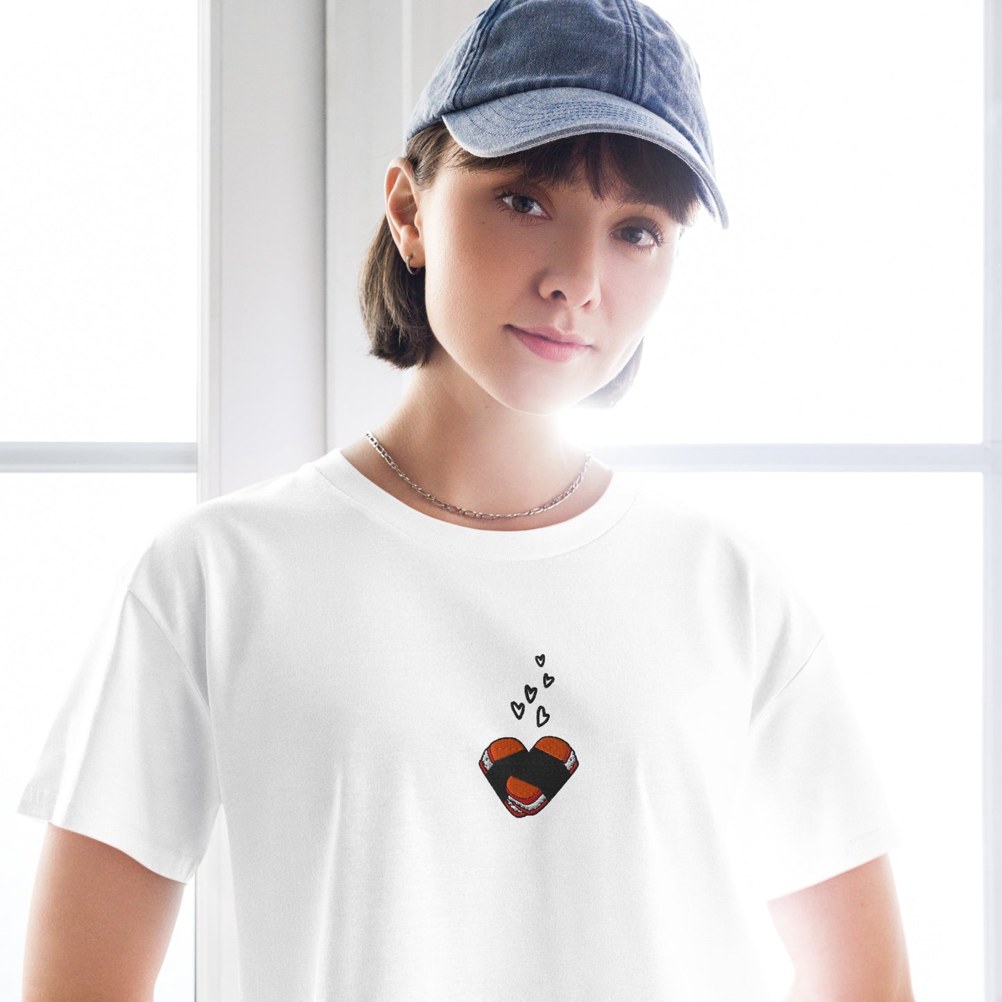 Musubi Heart Embroidered Crop Top – Hawaiian Tee for Musubi Lovers-T-Shirt-Bits of Aloha