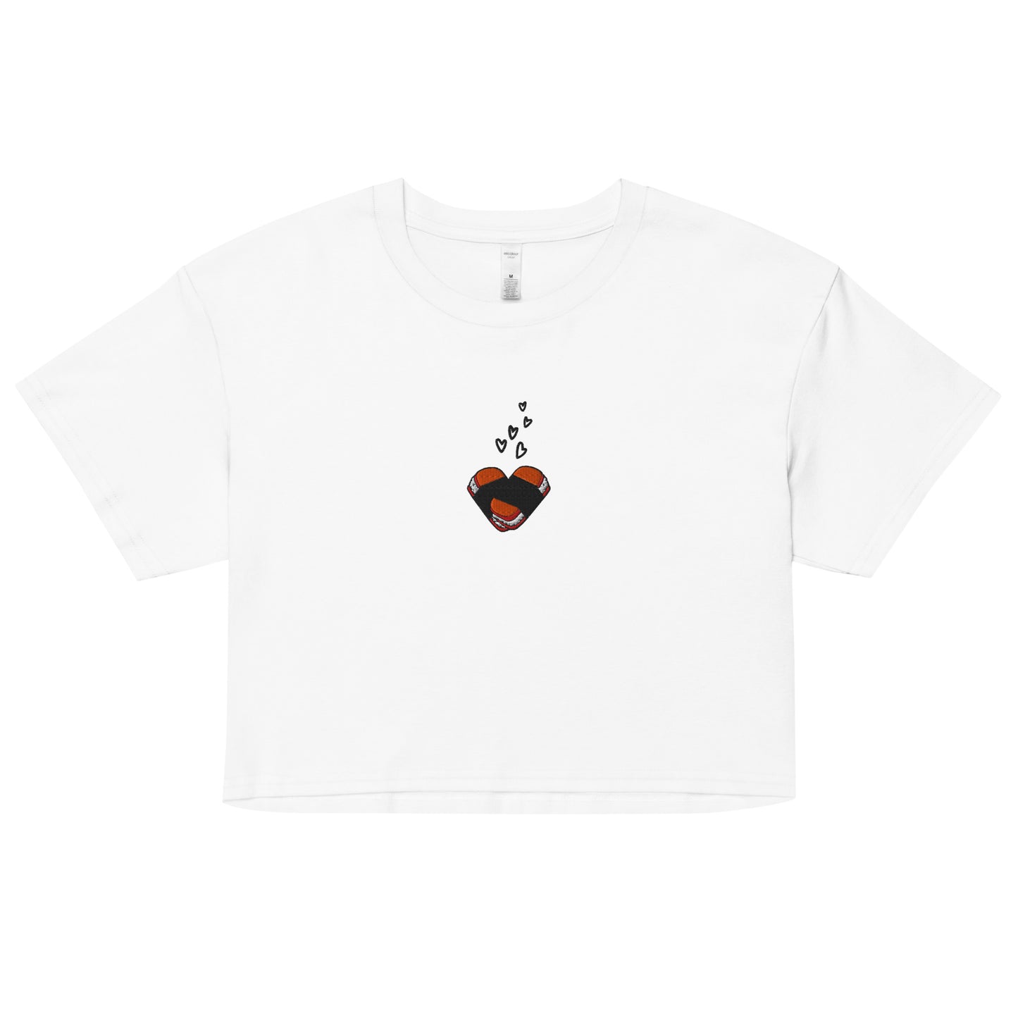 Musubi Heart Embroidered Crop Top – Hawaiian Tee for Musubi Lovers-T-Shirt-Bits of Aloha