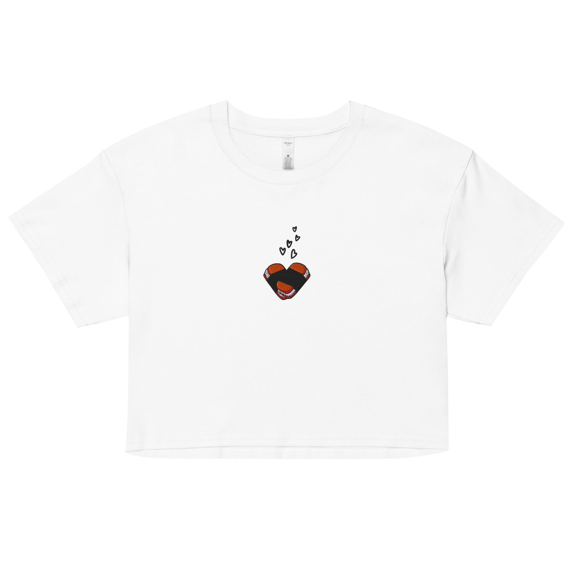 Musubi Heart Embroidered Crop Top – Hawaiian Tee for Musubi Lovers-T-Shirt-Bits of Aloha