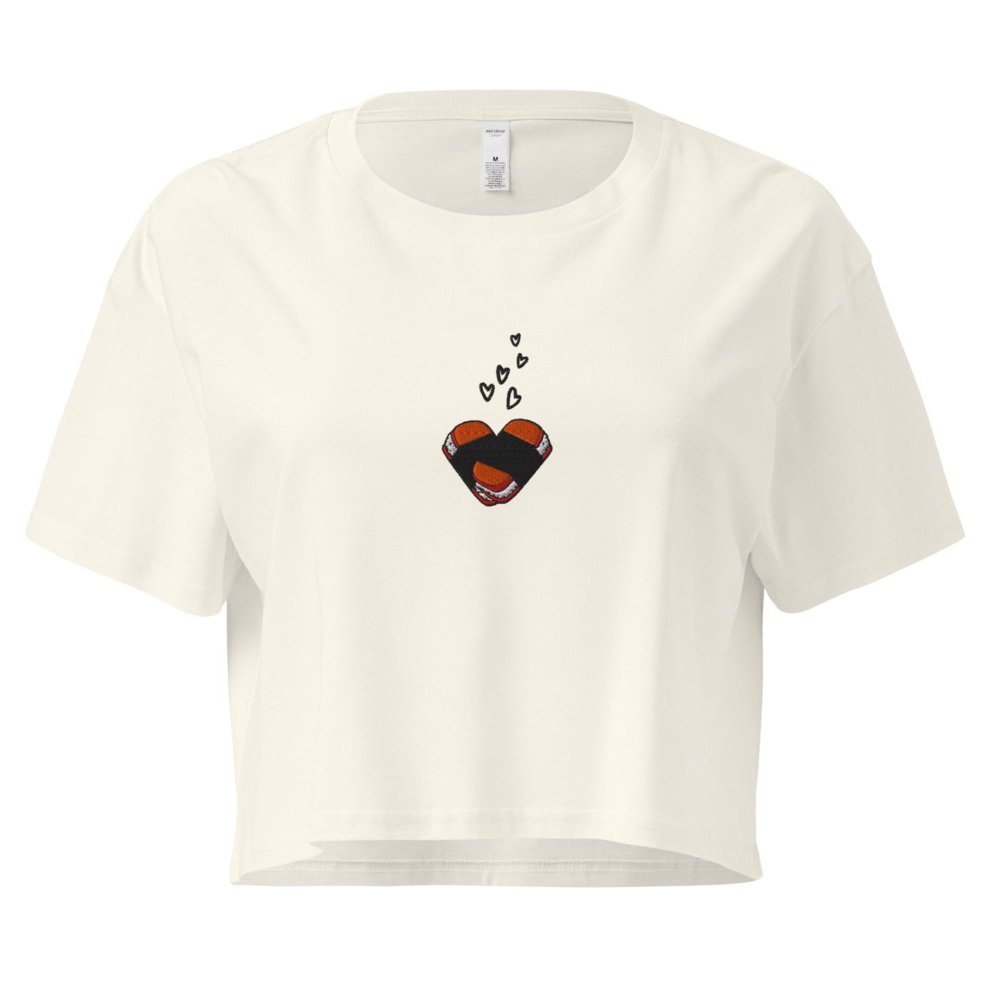 Musubi Heart Embroidered Crop Top – Hawaiian Tee for Musubi Lovers-T-Shirt-Bits of Aloha