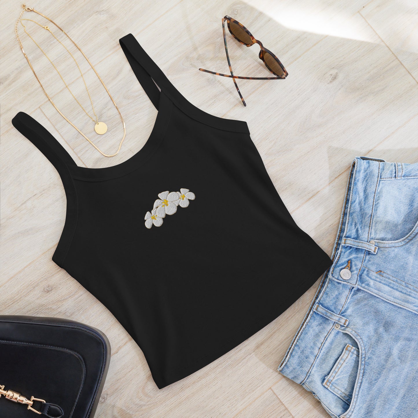 Plumeria Embroidered Rib Tank Top-Tank Top-Bits of Aloha