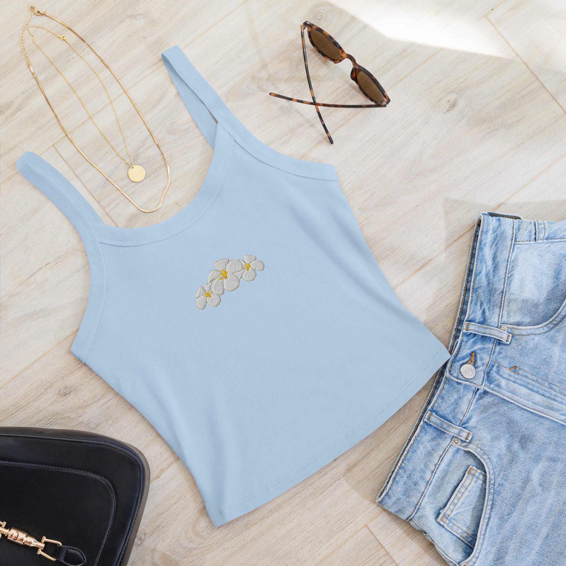 Plumeria Embroidered Rib Tank Top-Tank Top-Bits of Aloha