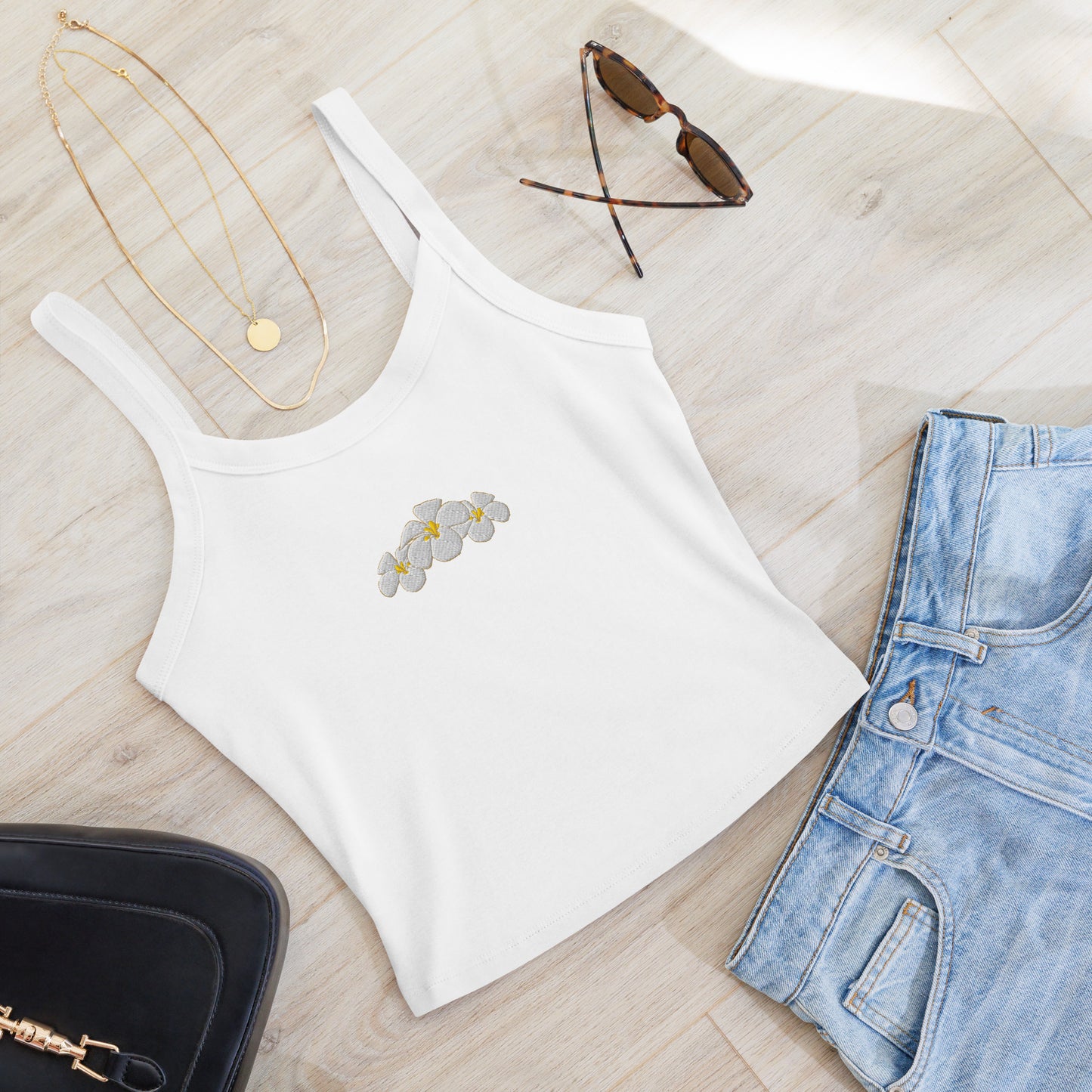Plumeria Embroidered Rib Tank Top-Tank Top-Bits of Aloha