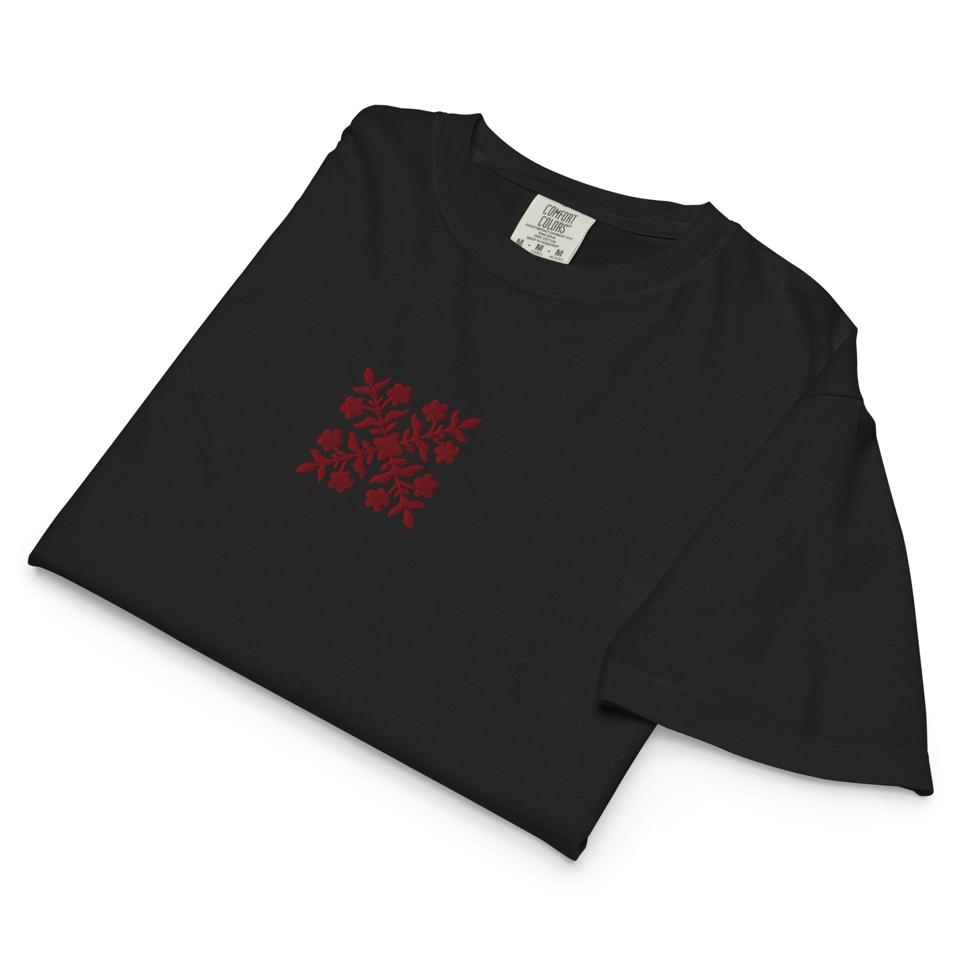 Embroidered Hawaiian Red Flower Quilt Boxy Tee – Premium Cotton by Bits of Aloha-T-Shirt-Bits of Aloha