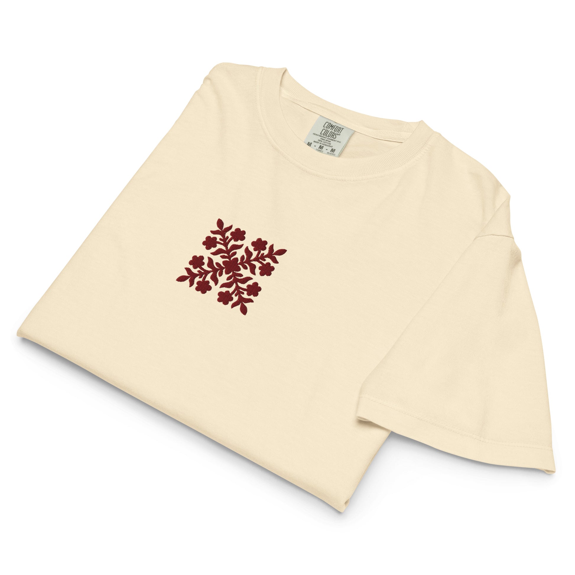 Embroidered Hawaiian Red Flower Quilt Boxy Tee – Premium Cotton by Bits of Aloha-T-Shirt-Bits of Aloha