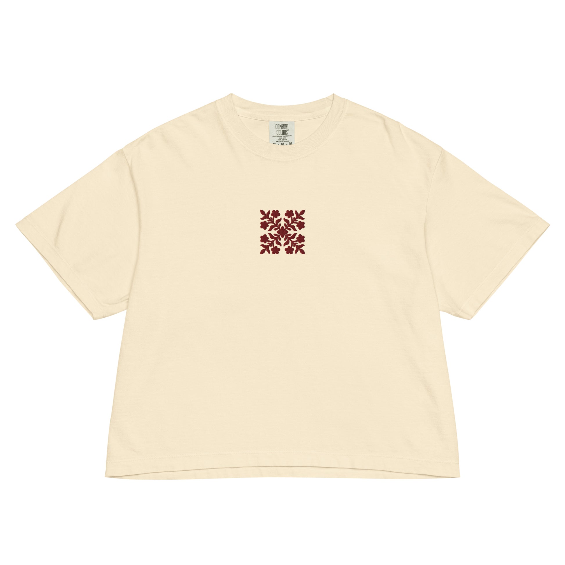 Embroidered Hawaiian Red Flower Quilt Boxy Tee – Premium Cotton by Bits of Aloha-T-Shirt-Bits of Aloha