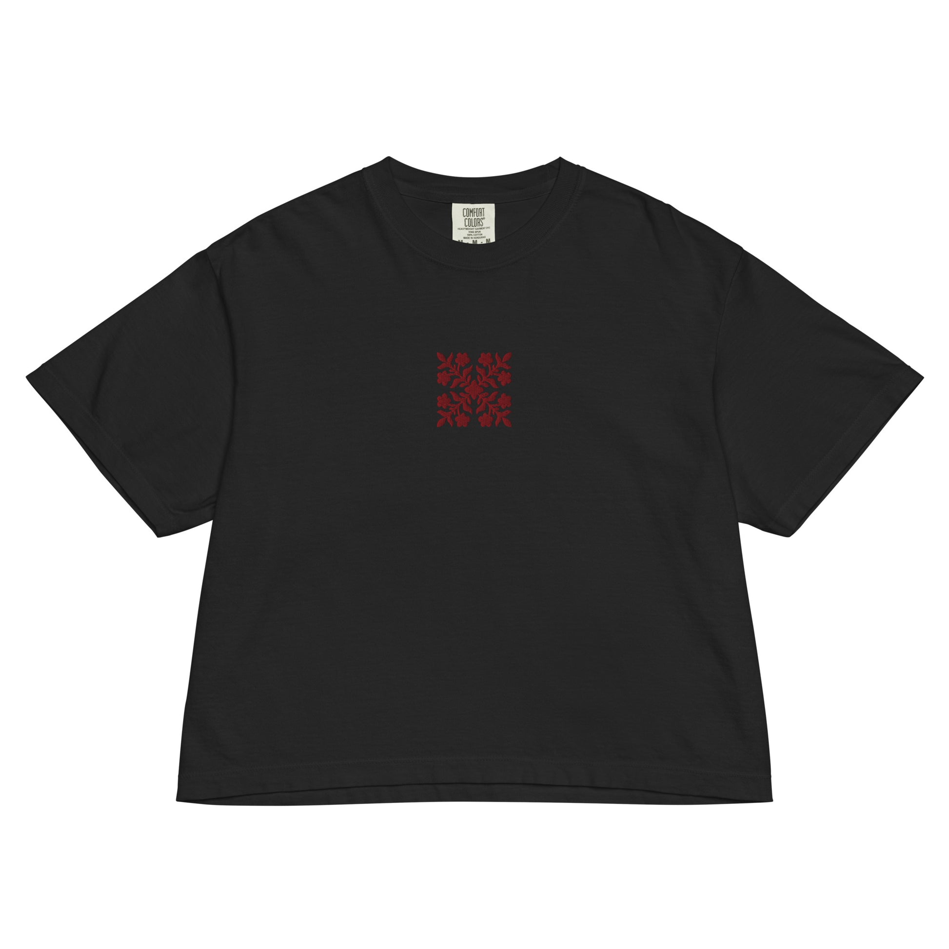 Embroidered Hawaiian Red Flower Quilt Boxy Tee – Premium Cotton by Bits of Aloha-T-Shirt-Bits of Aloha