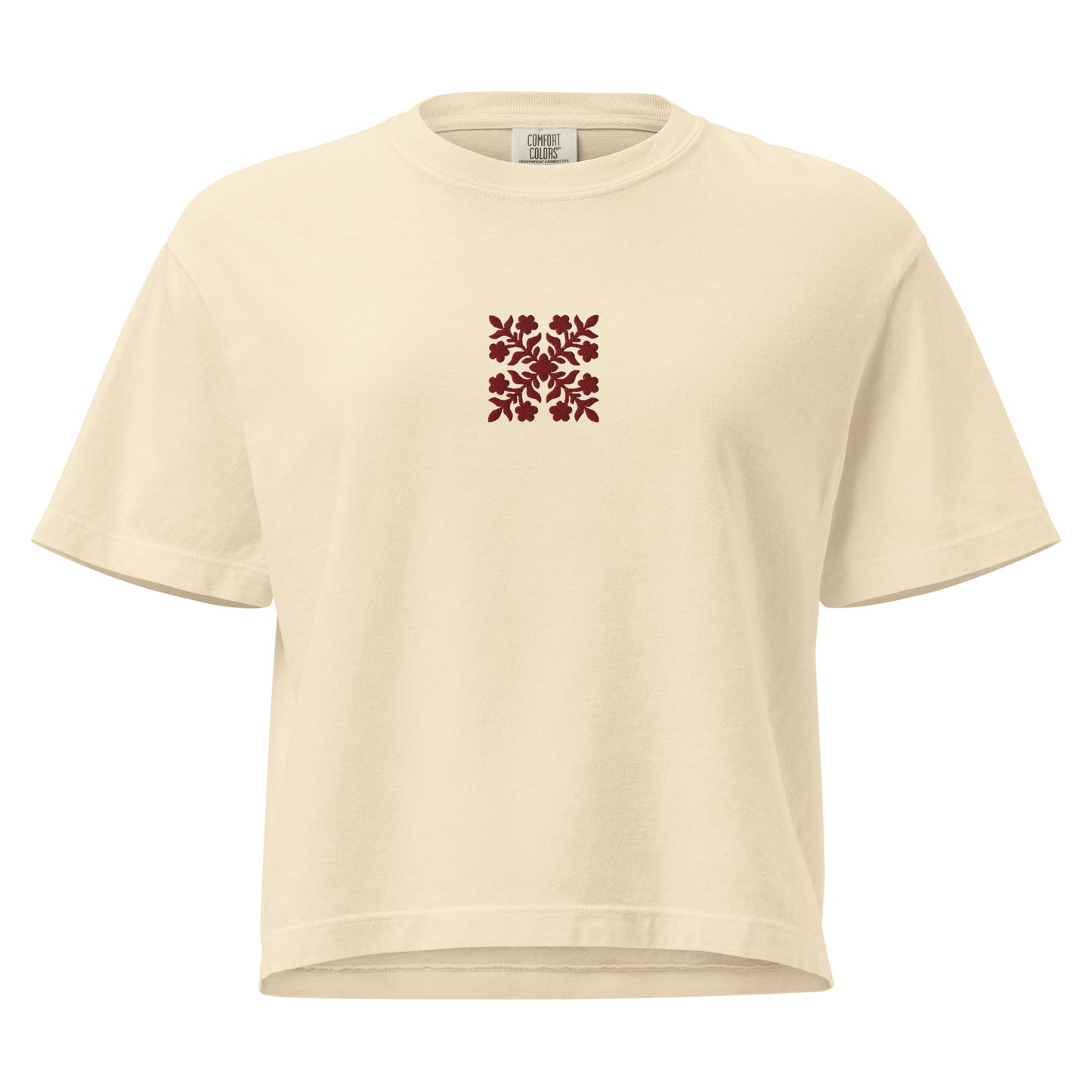 Embroidered Hawaiian Red Flower Quilt Boxy Tee – Premium Cotton by Bits of Aloha-T-Shirt-Bits of Aloha