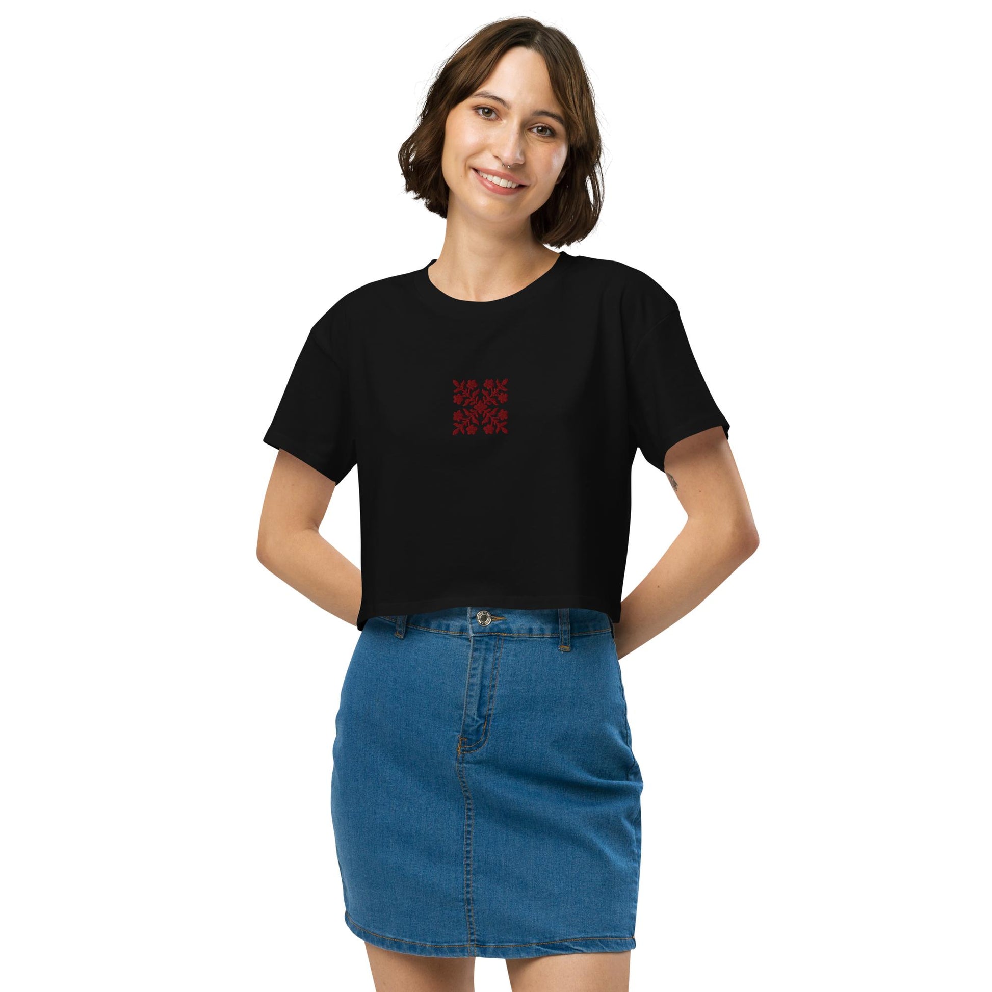 Hawaiian Red Applique Quilt Embroidered Women’s Crop Top-T-Shirt-Bits of Aloha