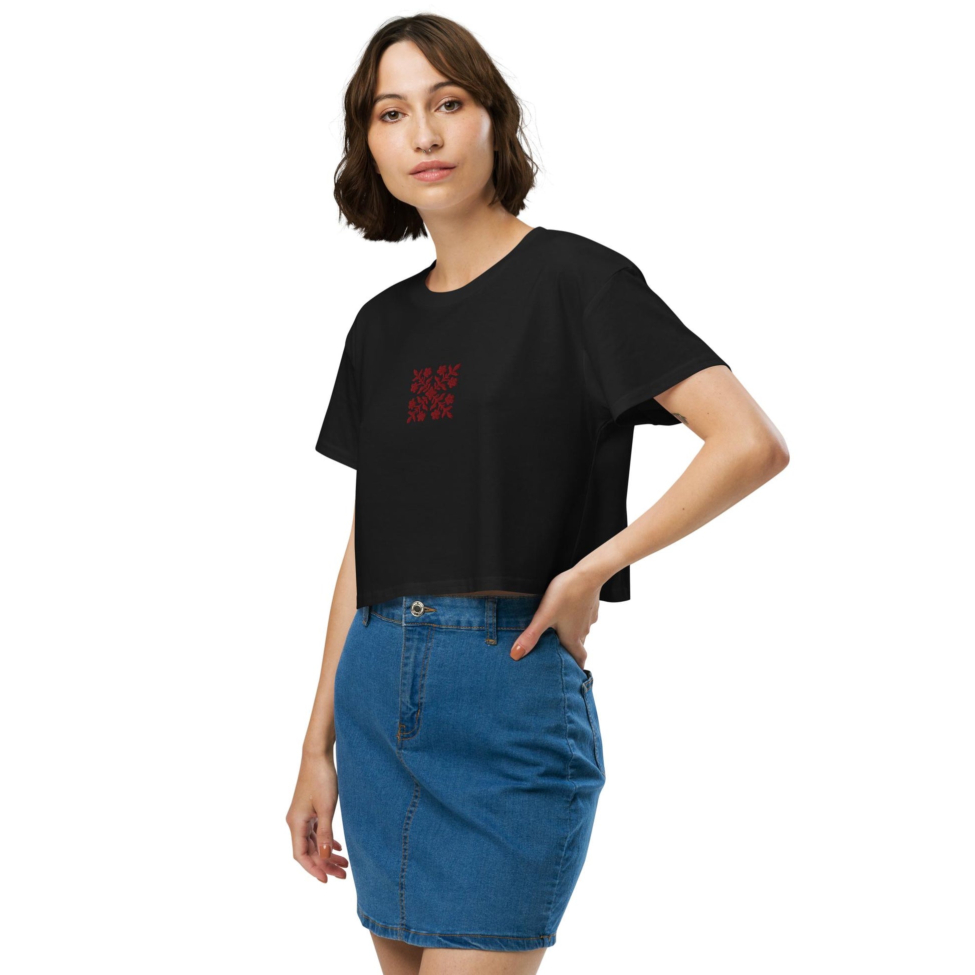 Hawaiian Red Applique Quilt Embroidered Women’s Crop Top-T-Shirt-Bits of Aloha
