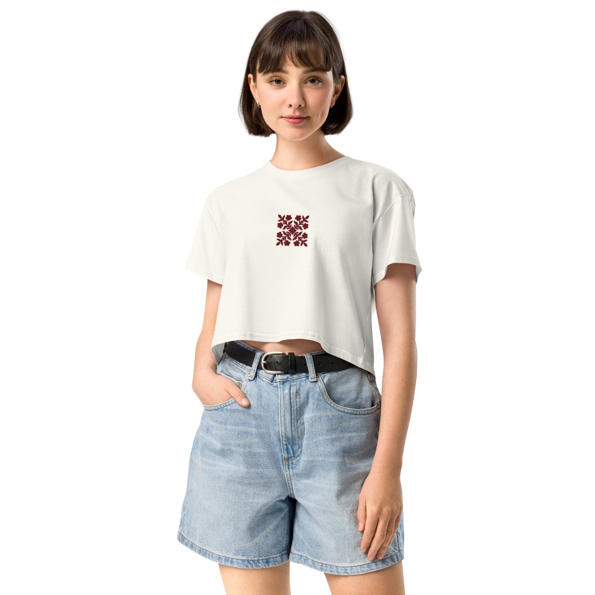 Hawaiian Red Applique Quilt Embroidered Women’s Crop Top-T-Shirt-Bits of Aloha
