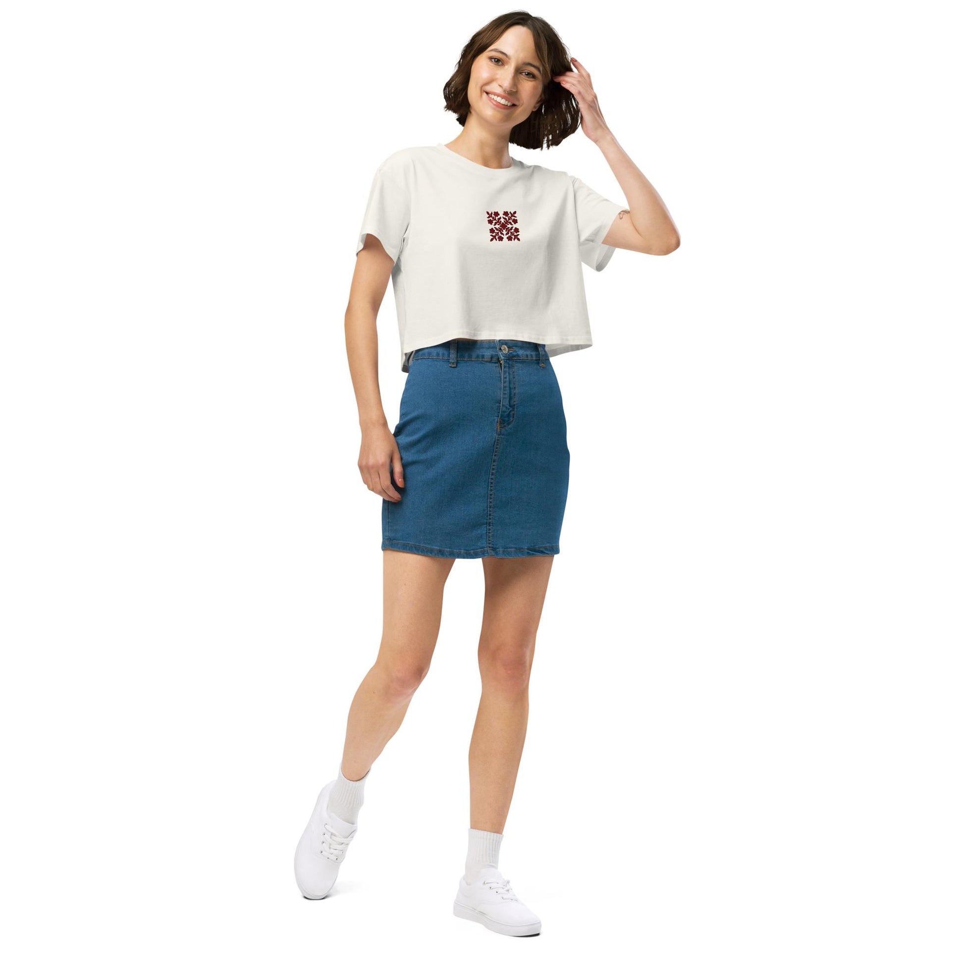 Hawaiian Red Applique Quilt Embroidered Women’s Crop Top-T-Shirt-Bits of Aloha