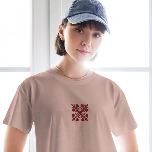 Hawaiian Red Applique Quilt Embroidered Women’s Crop Top-T-Shirt-Bits of Aloha