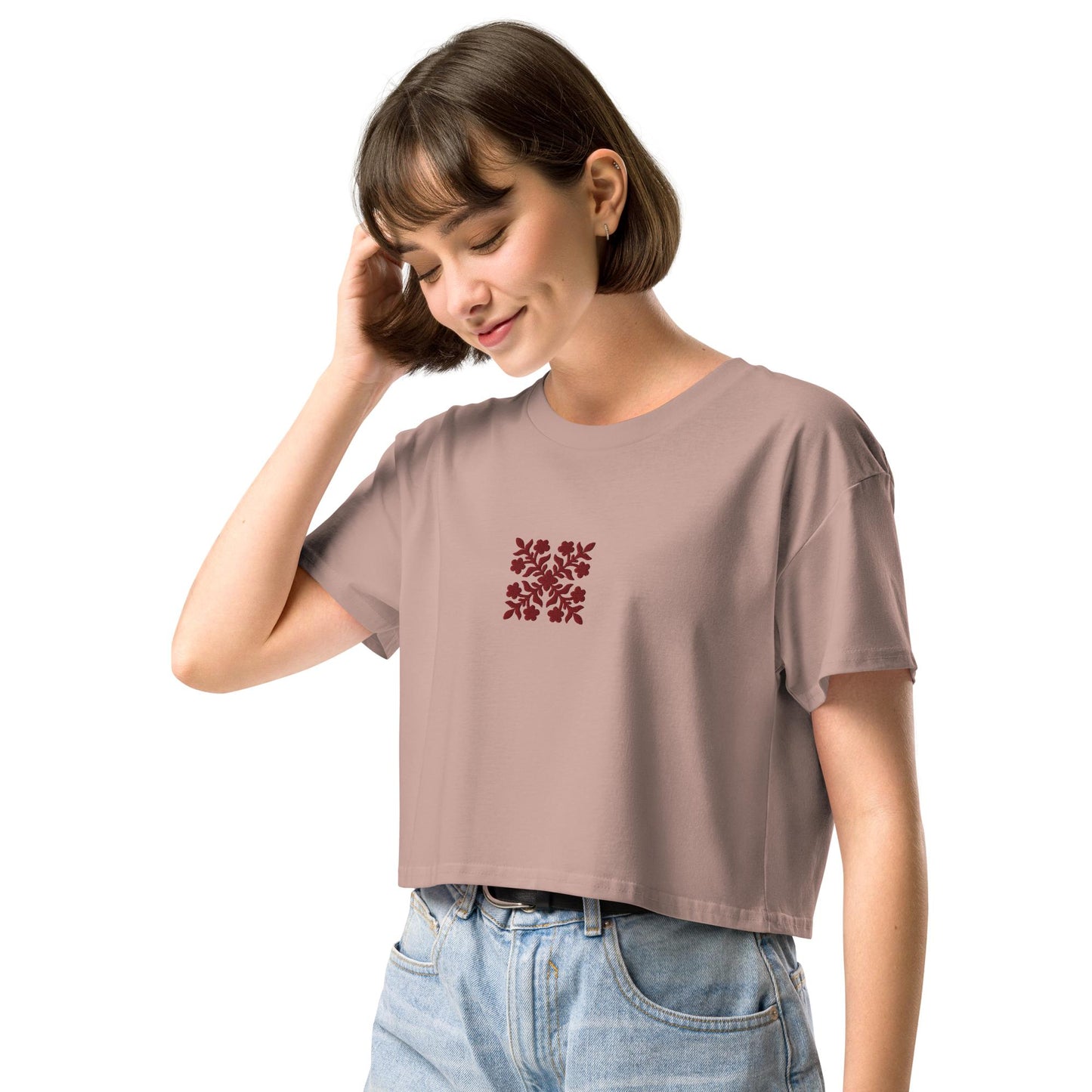 Hawaiian Red Applique Quilt Embroidered Women’s Crop Top-T-Shirt-Bits of Aloha